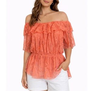Dots Coral Lace Off-Shoulder Ruffle Peplum Blouse SZ LG on/off shoulder sheer